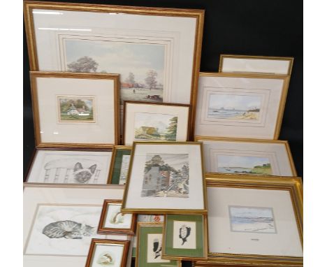 Digby Page (B 1945) 2 watercolours depicting coastal scenes, Michael Herring limited edition framed print, selection of water