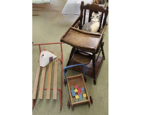 Child's sledge with red metal frame and wooden seat 100cm, child's push / walker trolley with coloured bricks and children's 