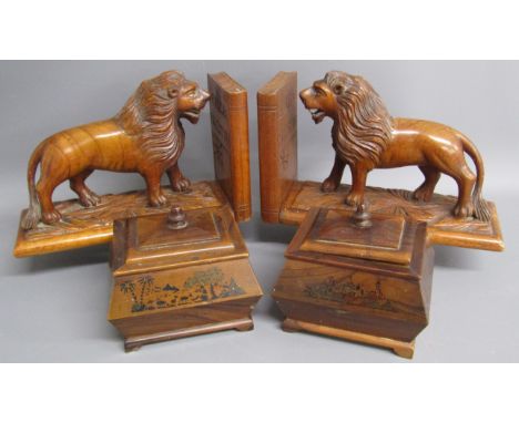 Pair of wooden bookends with standing lions (advised olive wood) and 2 olive wood trinket boxes with painted Jerusalem scenes