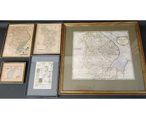 Robert Morden hand-coloured map of Lincolnshire, antique copper plate road strip map of Welton-Market Rasen-Thorganby-Grimsby