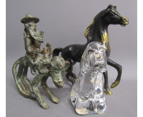 Bronze Don Quixot riding a monkey with a shield, blackened brass horse and Baccarat crystal hound