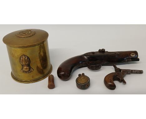 Royal Engineers shell case pot, WWII trench art lighter, 18th century flintlock pistol engraved W Parker (lacking mechanism) 