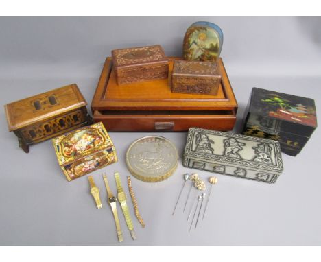 Wooden drawer with The Lion Company label, musical jewellery box, Chinese painted jewellery box, Krugerrand paperweight, Avia