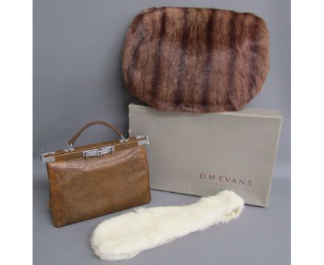 Vintage handbag with original mirror and key, white mink collar and mink fur hand warmer with zip pocket to rear boxed bearin