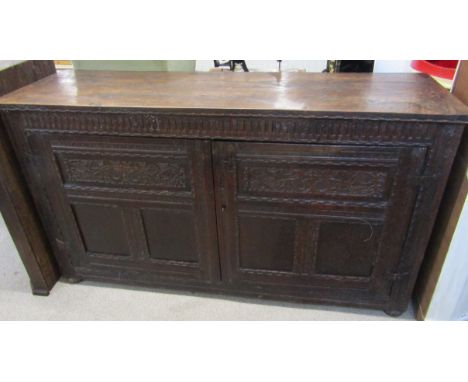 17th century oak sideboard with carved panelling &amp; top freeze with later internal drawers (possibly once the lower sectio