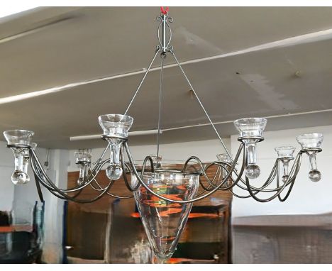 Large wrought iron light fitting / chandelier with glass droplet cups (including one spare) 105cm wide x 96cm high