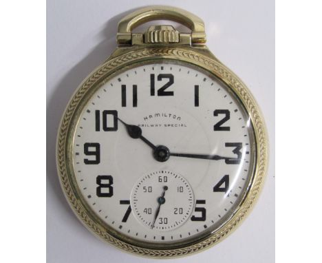 Hamilton Railway Special 992B 21 Jewels 10k pocket watch rolled gold case - approx. 5cm dia. - currently not working