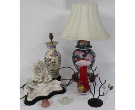 Two table lamps, one with shade 67cm, without 45cm, ceramic mantel clock, vase and ornaments&nbsp;