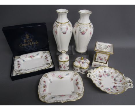 Royal Crown Derby 'Royal Antoinette' A1225 - candle column - duchess tray - lidded trinket pot - bud vase - pair of vases and