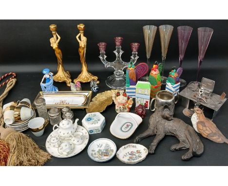 Selection of decorative items including pair of Art Nouveau style candlesticks, set of 4 champagne flutes, miniature bone chi