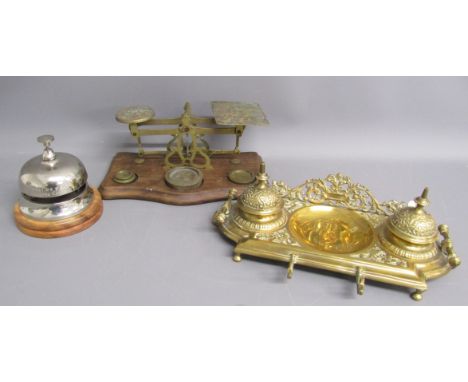 Hotel de Paris Monte Carlo table bell, brass ink stand with pen rest and ceramic ink pots &amp; small set of scales with weig