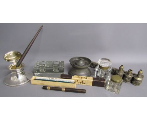 Broadway &amp; Co silver ink pot, glass ink wells, pewter and ottoman travelling inkwell and quill sleeve, Parker Duofold wit