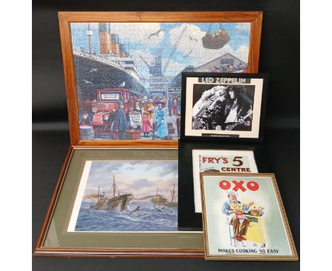 Framed Titanic jigsaw, Keith Baldock signed print depicting Grimsby trawlers, 2 advertising prints &amp; Led Zeppelin print