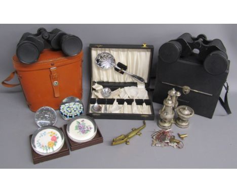 Binoculars - Tasco model 314 20x50 &amp; Zenith 10x50, millefiori, cross stitch and bubble paperweights, brass crocodile nut 