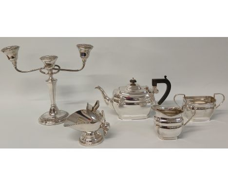 Selection of silver plate including candelabra, 3 piece tea set and sugar scuttle