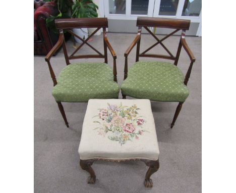 Pair of Regency carver chairs (arms loose) and dressing table stool with tapestry seat&nbsp;