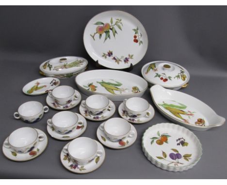 Royal Worcester 'Evesham' tableware includes soup bowls &amp; saucers, flan dish, tureens, serving plates etc
