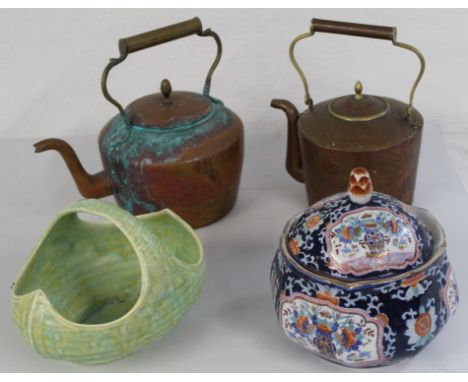 Wade Flaxman basket bowl, 20 century Oriental style covered bowl and 2 copper kettles