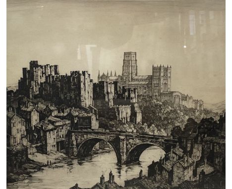 Kenneth Steel (British 1906 -1973) signed etching of Durham with the cathedral in the background 56cm by 49cm