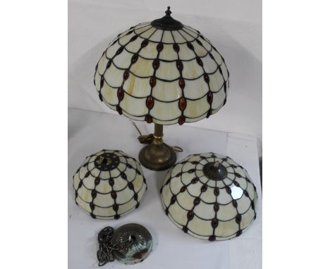 Brass table lamp with lead glazed Tiffany style shade 58cm tall, plus a matching lamp shade 25cm and a central ceiling lamp s