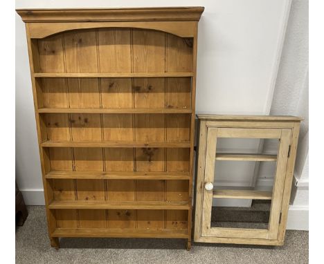 Pine shelf 104cm by 71cm (depth 9cm), a pine cabinet missing the glass panel &amp; a chair