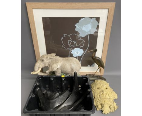 4 cast iron cobbler's lasts, stork ornament made from cow horn, concrete garden mask and 4 other handmade masks, large model 