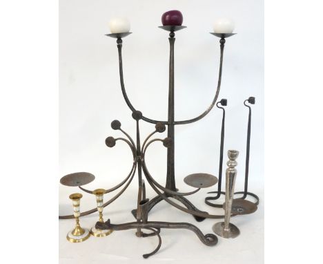 LARGE WROUGHT IRON THREE BRANCH CANDELABRA standing on a tripod base, a wrought iron four branch candelabra of low shaped for