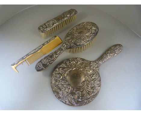 Hallmarked silver dressing table brushes, comb and mirror