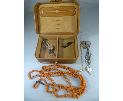 Box containing coral necklace with base metal clasp, Chain containing various three pence silver coins, enamelled brooch with