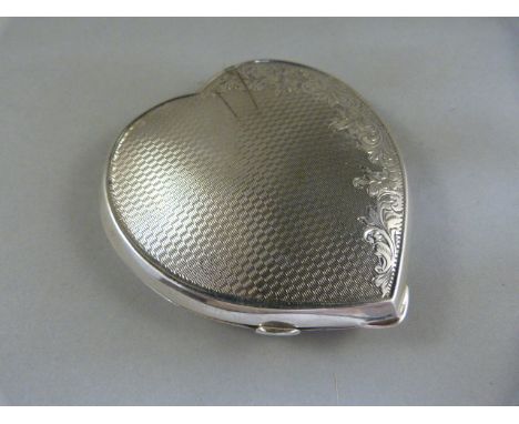 Silver (1950 Birmingham) heart shaped Powder compact. Engine turned and Hand engraved - total weight 9.6g
