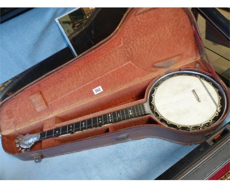 Vintage 5 String banjo -  The Riley Baker Perfect Patent - engraved silvered casing to back and mother of pearl inlaid fretbo