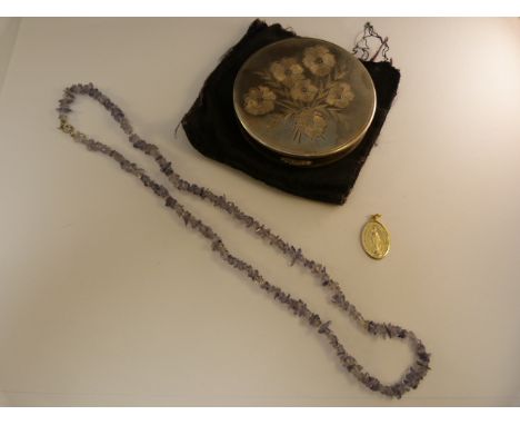 Silver 1981 engraved powder compact, Catholic medallion and an Amethyst chip necklace with sterling bolt ring clasp