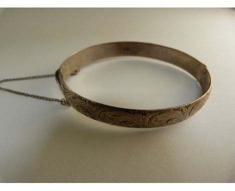 Art Nouveau hallmarked silver style bangle with safety chain