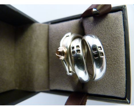 Pair of interlocking silver rings by Clogau in comteporary design and 1 other Clogau ring of similar design Size L1/2 Total w