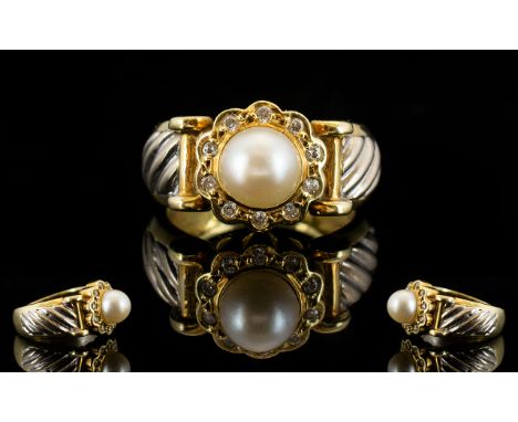 18ct Two Tone Gold - Pearl and Diamond Set Dress Ring, Flower head Setting, Solid Construction. The Central Pearl Surrounded 