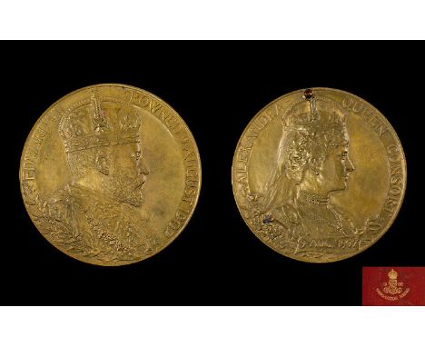 Edward VII &amp; Queen Alexandra Period Bronze Coronation Medallion date 19th August 1902 by G.W. Desaulles, designer. With o