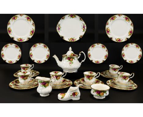 Royal Albert Old Country Rose Tea/Dinner Service to include: Teapot, sugar bowl, milk jug, 6 cups, 6 saucers, 6 side plates, 