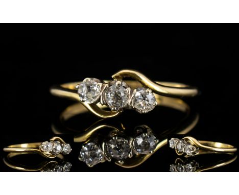 18ct Gold Twist Design 3 Stone Diamond Ring, The Three Cushion Cut Diamonds - Clean and Bright. Est Diamond Weight 0.20 pts. 