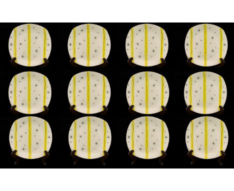 Midwinter Grey Star Plates. 12 x 6'' Grey Star Plates, circa 1955. White 6'' plates with star pattern and yellow stripes.  At