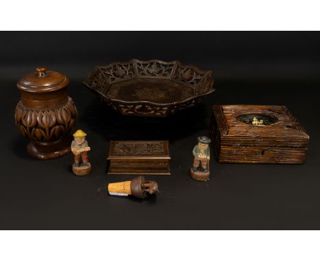 A Mixed Collection Of Black Forest Style Trinkets Seven items in total to include carved bowl with reticulated sides and Eide