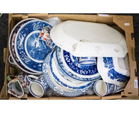 A Mixed Collection Of Pottery Comprising mostly 19th century blue and white plates and dishes, to include turkey platter, ser