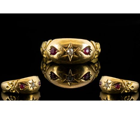 Antique Period 18ct Gold 3 Stone Diamond and Ruby Ring, Nice Design but Small Size. Hallmark for Chester, Ring Size - L. All 