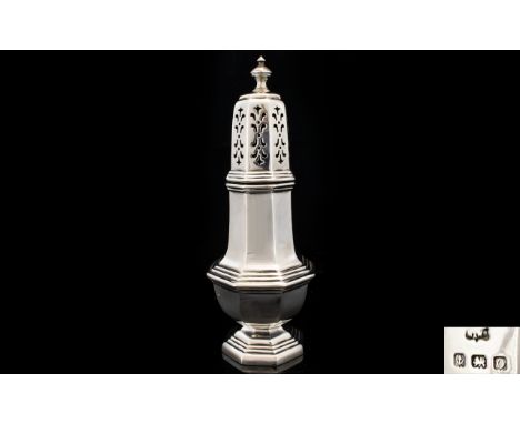Edwardian Silver Sugar Sifter of Architectural Form and Triple Step Banded Decoration. Maker Mappin &amp; Webb. Hallmark Birm