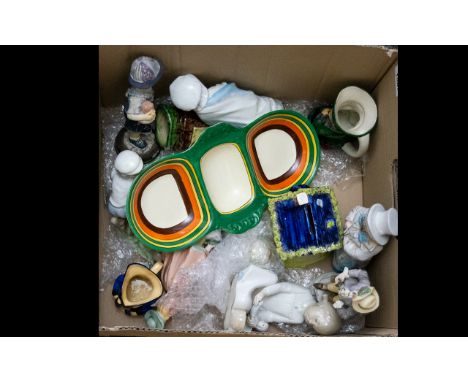 A Mixed Collection Of Pottery Items To include Bishop England 'Rainbow Ware' appetisers dish, German ceramic figures, rustic 