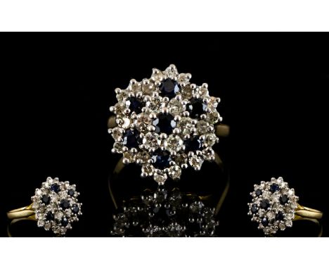 Ladies 18ct Gold Diamond and Sapphire Cluster Ring, Flower head Setting. Est Diamond Weight 1.00 cts. Please See Photo. Ring 