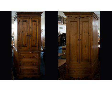 Two Pine Wardrobes each single wardrobes, the first raised on base with x3 drawers. The second on base with single drawers. H
