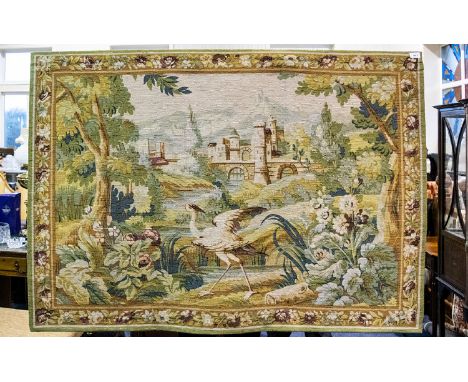 A Woven Tapestry Panel with floral and foliate borders and crane in landscape to centre. Hemmed with rod for wall mounting. G