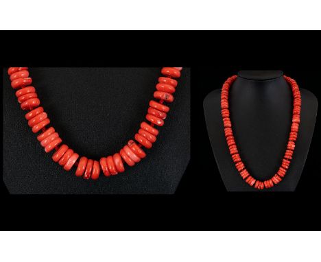 Coral - Heavy Rondelle Beaded Necklace with Silver Clasp. Marked 925 Silver - Please See Photo. 22 Inches - 55 cm In length. 