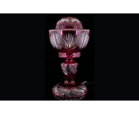 John Walsh Walsh Early 20th Century Cranberry Glass Table Lamp Of typical form, with globular shade, with baluster support an