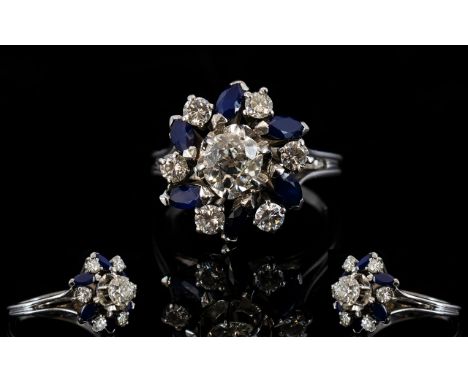 18ct White Gold Diamond &amp; Sapphire Cluster Ring, Central Diamond Surrounded By 6 Further Round Cut Diamonds And Six Marqu